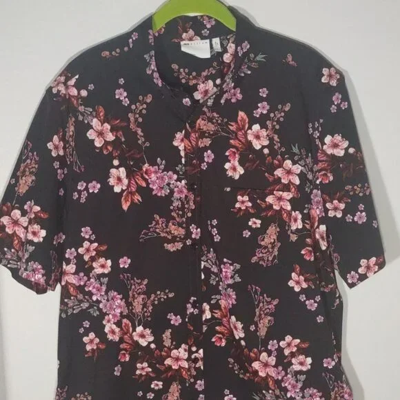 Asos Men's Black with Pink Floral Short Sleeve Button Up Shirt Size Large Tall - Picture 2 of 8